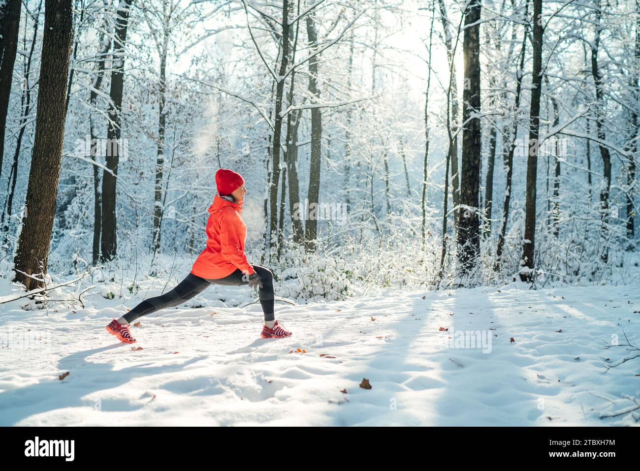 Trail runner woman dressed bright red windproof jacket making stretching exercises in picturesque snowy forest during sunny frosty day. Sporty active Stock Photo