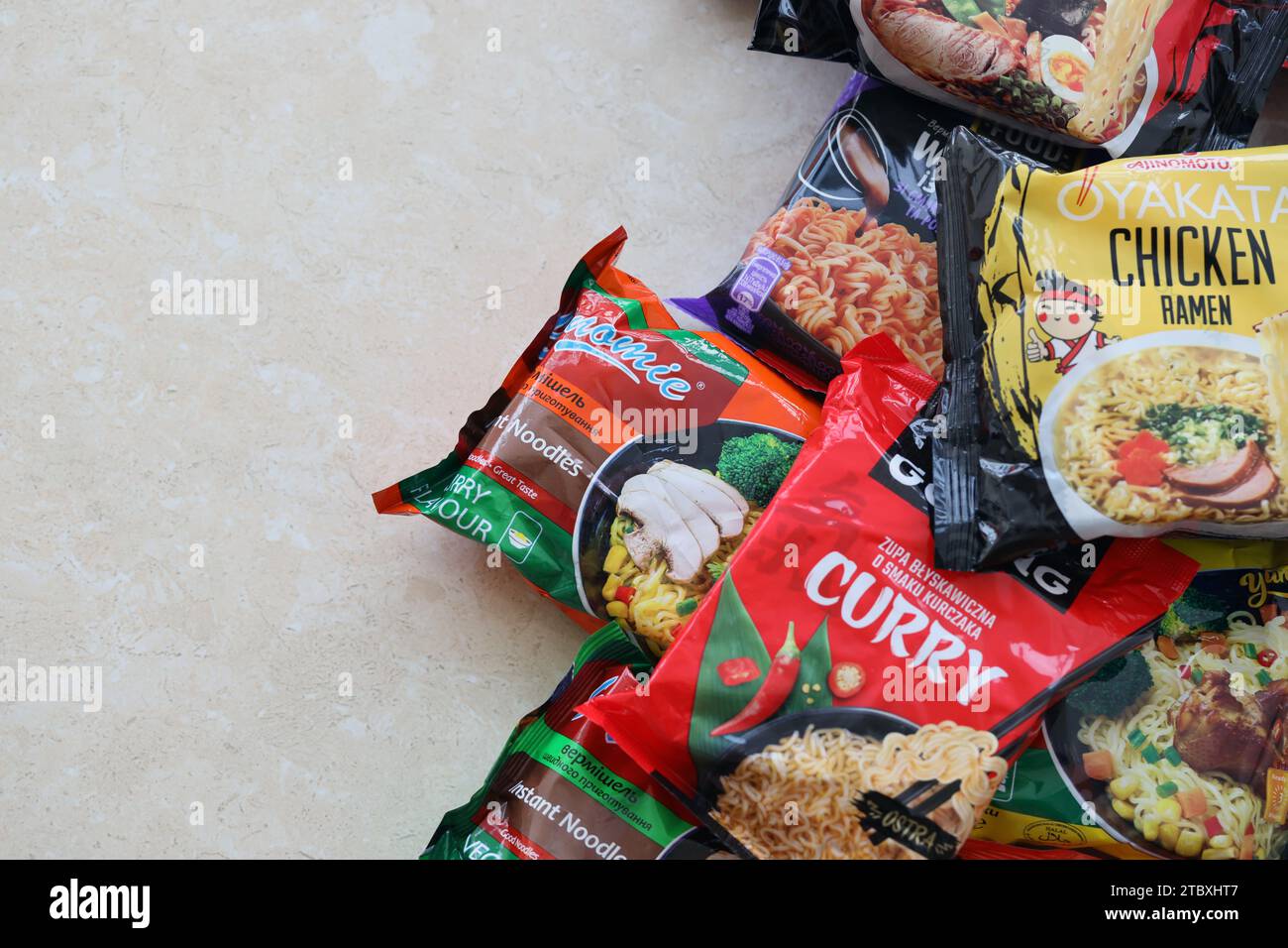 KYIV, UKRAINE OCTOBER 31, 2023 Many packs of instant noodles for fast
