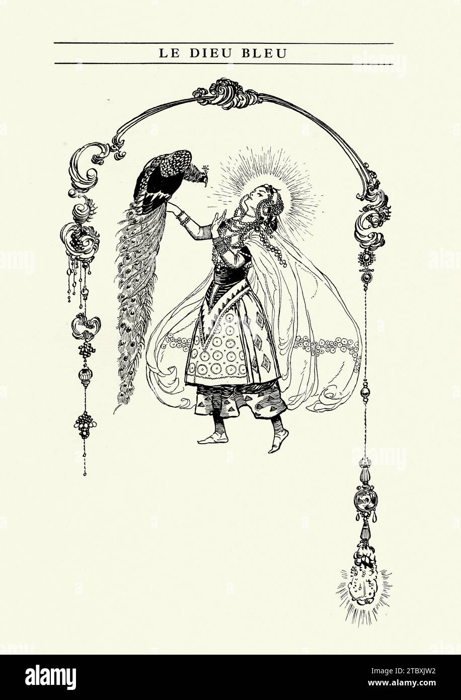 The Young Girl with the peacock, Costume design for Le Dieu bleu is a ballet in one act Stock Photo