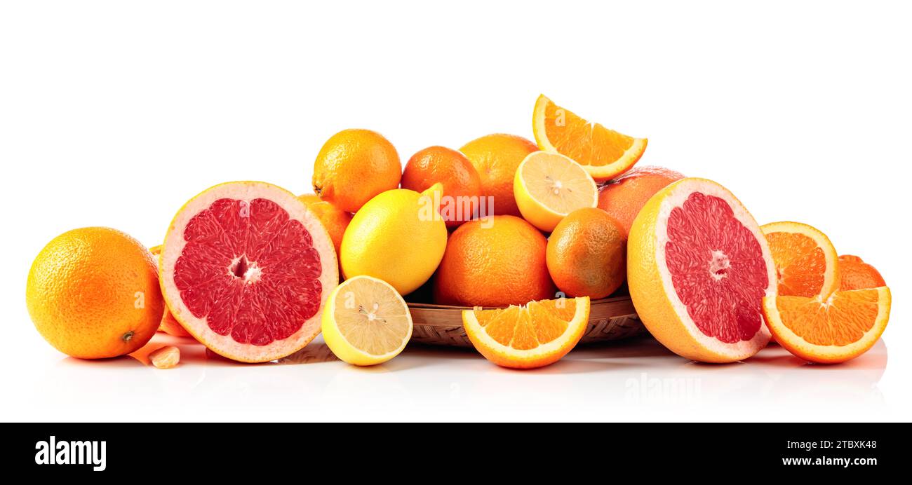 Citrus fruits are isolated on white background. Presented are oranges, grapefruits, lemons, and tangerines. Stock Photo
