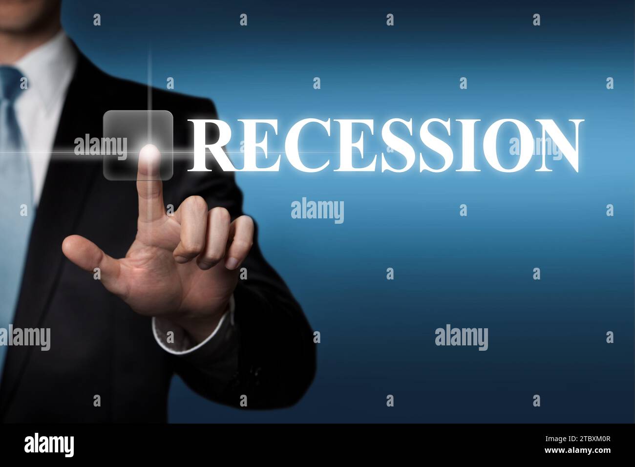 Recession - businessman pressing virtual touchscreen button Stock Photo