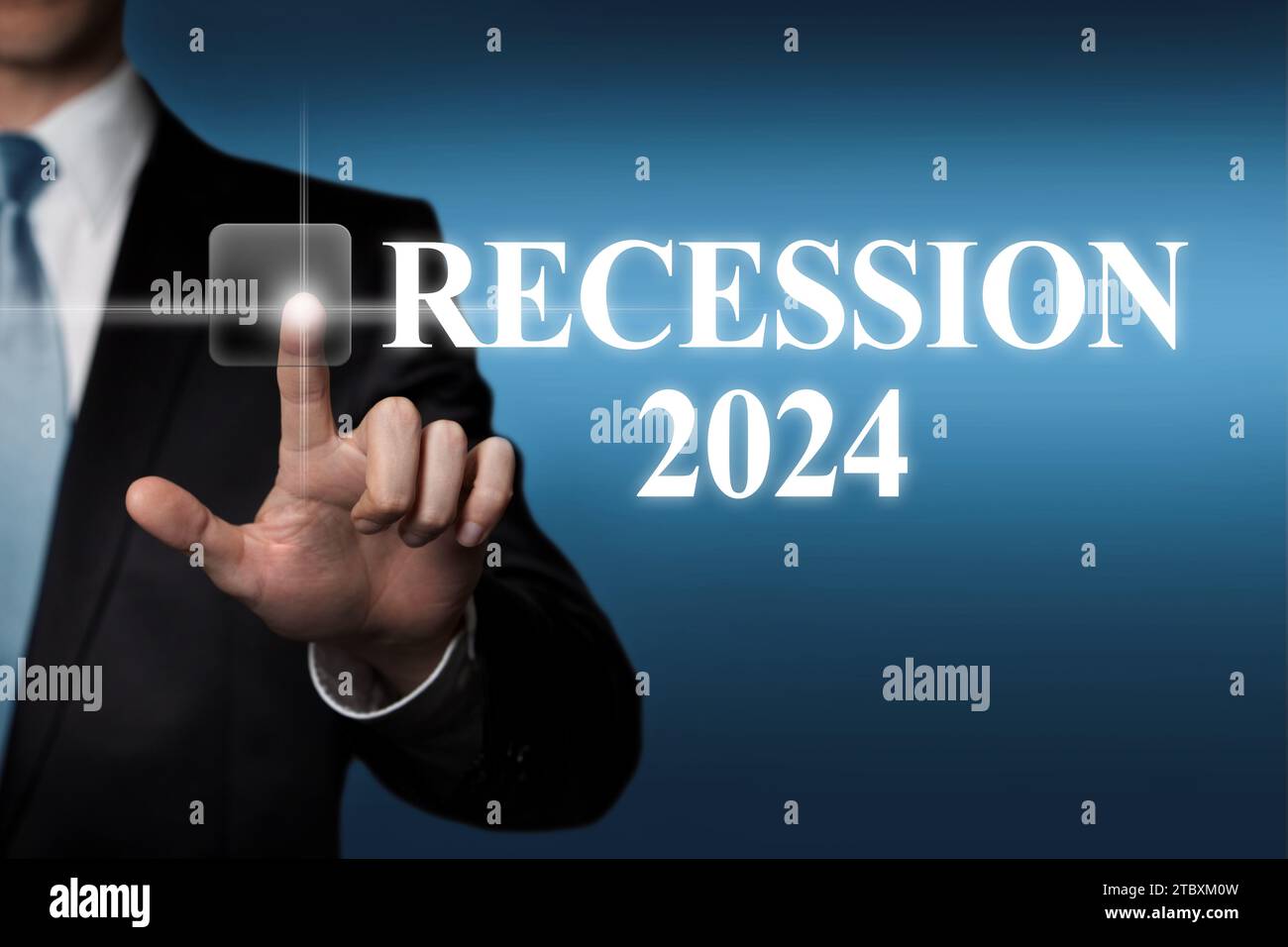 Recession 2024 - businessman pressing virtual touchscreen button Stock Photo