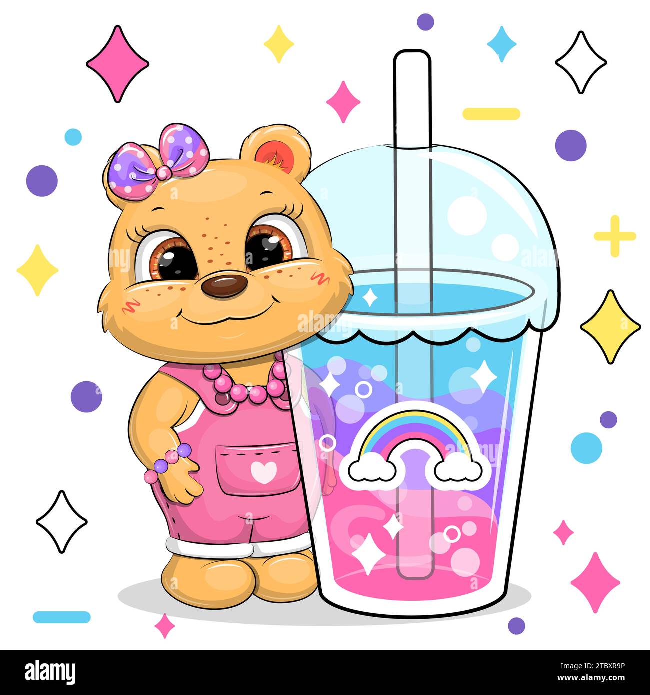 https://c8.alamy.com/comp/2TBXR9P/cute-cartoon-besr-girl-and-rainbow-drink-vector-illustration-of-animal-and-a-cup-with-colorful-water-on-a-white-background-with-stars-and-dots-2TBXR9P.jpg