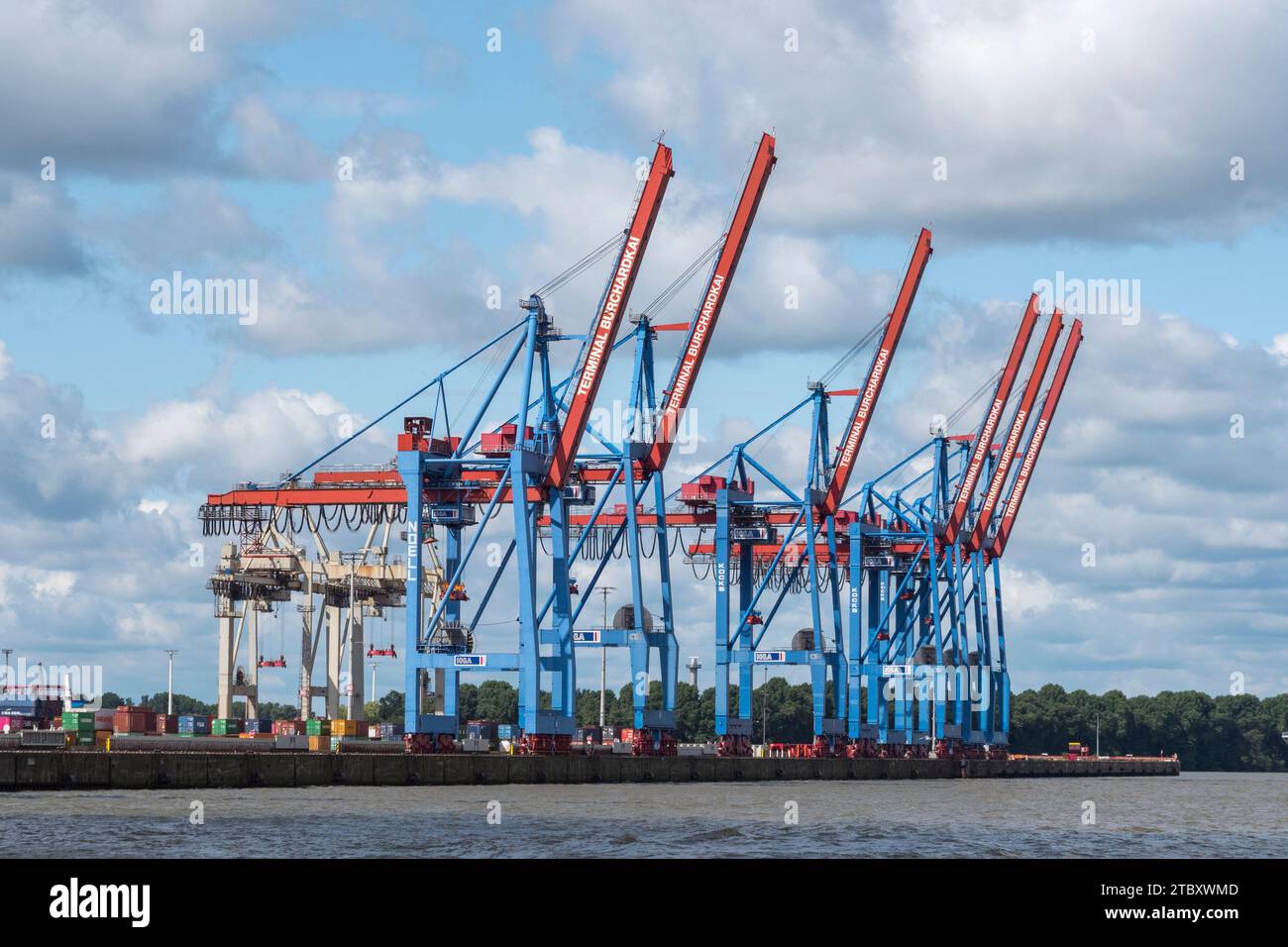 Some dock container cranes at Terminal Burchardkai in the Port of Hamburg viewed from the 62 HADAG ferry in Hamburg, Germany. Stock Photo