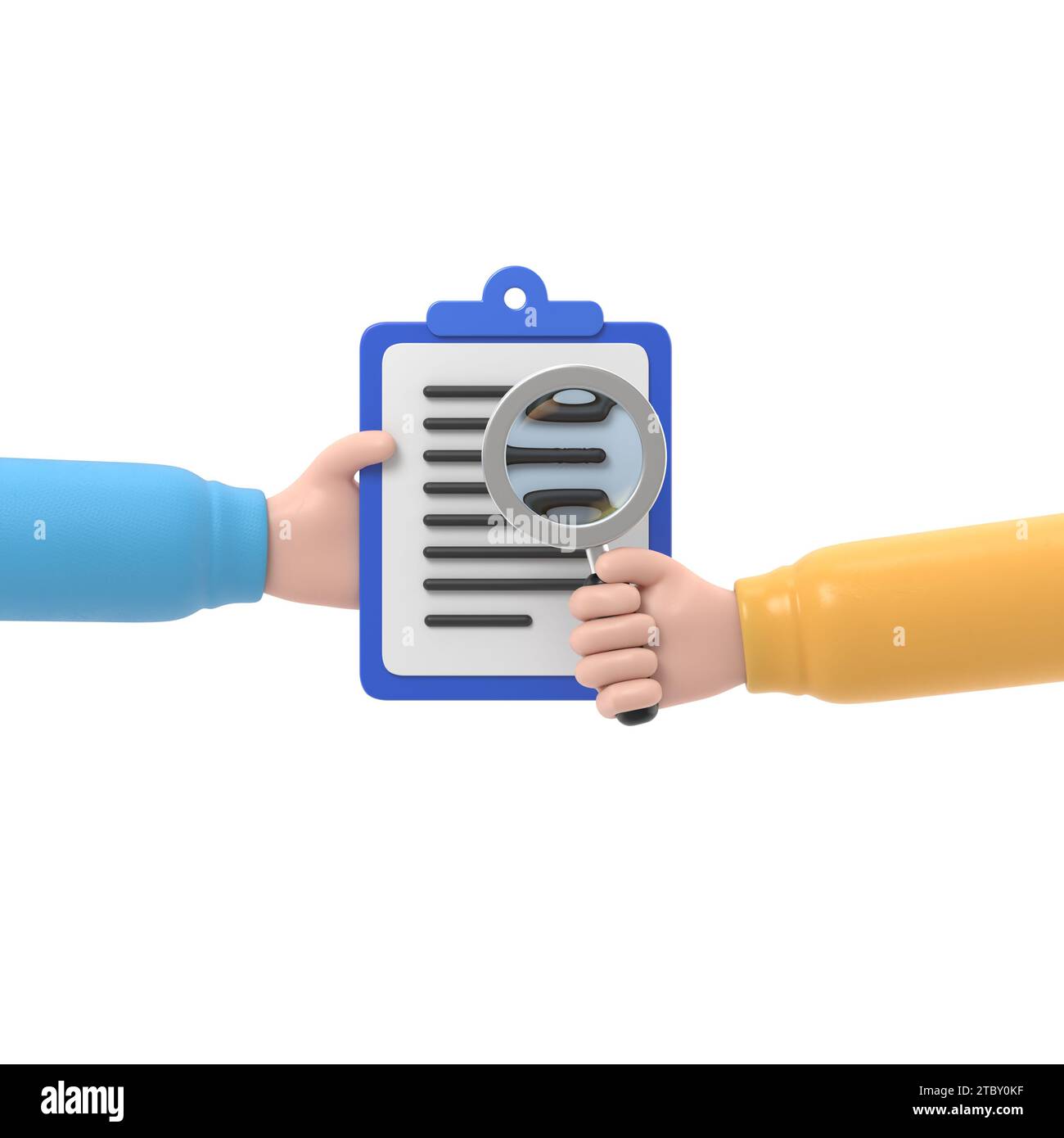 Business concept contract inspection,hands holding the contract and examine its conditions through a magnifying glass.3D rendering on white background Stock Photo