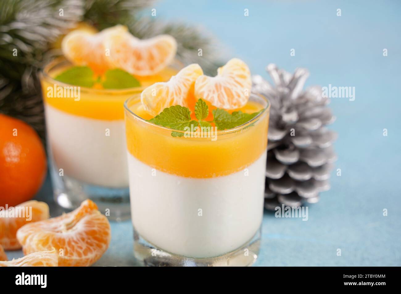 Panna cotta with tangerines jelly and mint, Italian dessert, homemade cuisine. On the background are branches of a green Christmas tree. Stock Photo