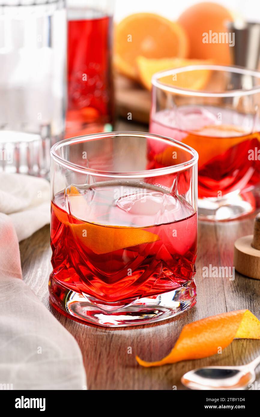 A classic negroni made with equal parts Campari, gin and sweet vermouth and garnished with