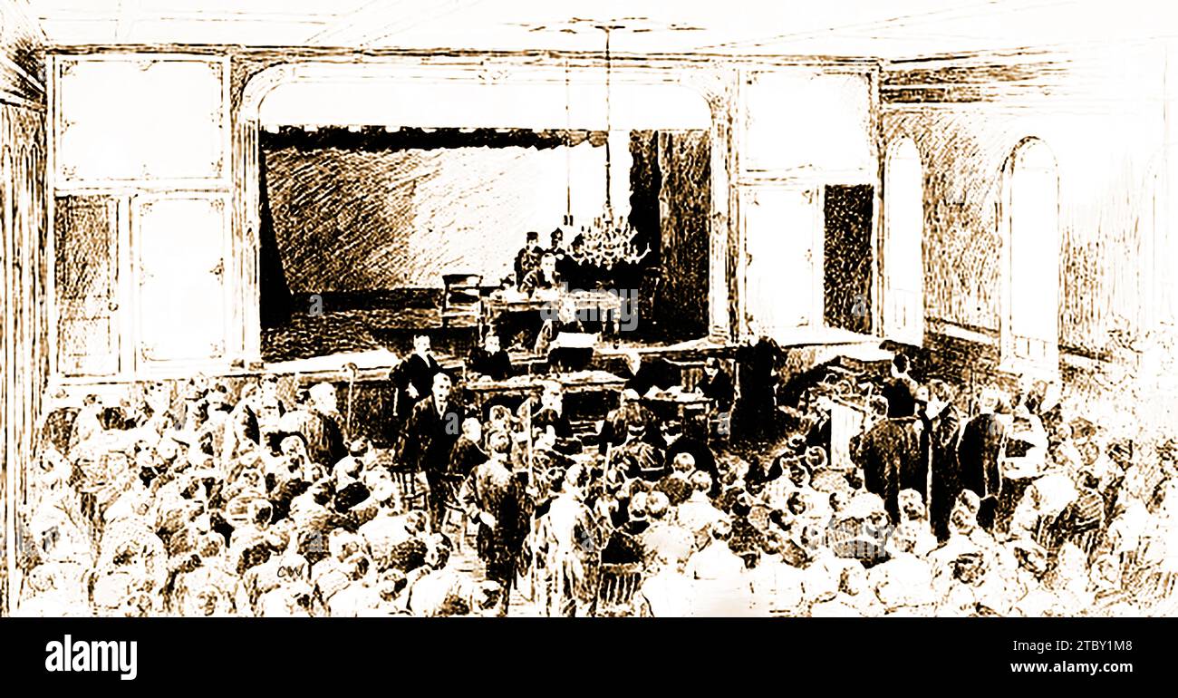 An old depiction of American Judge McMahon presiding over a court held in a theatre. Stock Photo