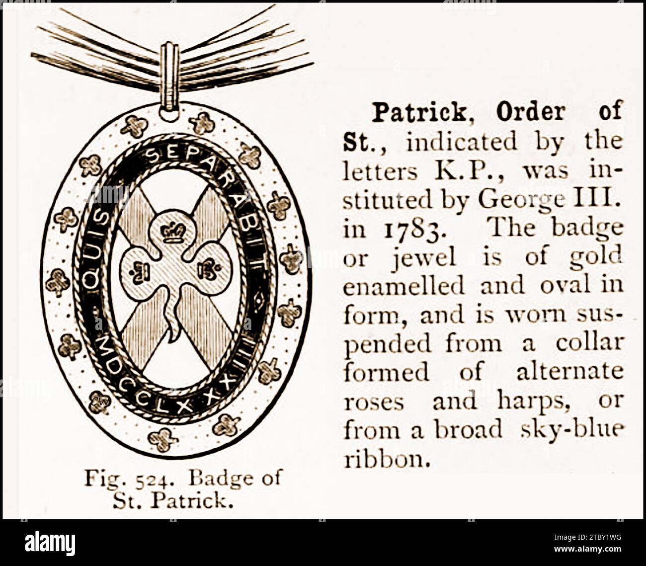 A 19th century engraving of the badge of the Order of St Patrick depicted in an old dictionary. Though not obsolete no knight of St Patrick has been created since 1936 Stock Photo
