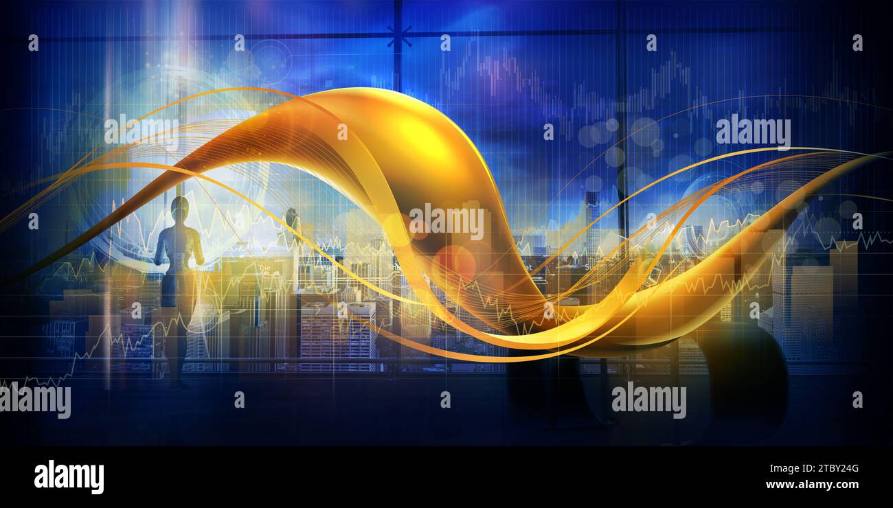 Abstract infographics with golden elements on a cityscape background ...