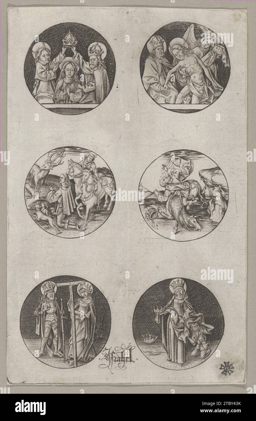 Six Roundel Patterns for a Goldsmith: the Coronation of the Virgin, God the Father with the Body of Christ, St. Eustace or St. Hubert, the Conversion of St. Paul, Charlemagne and St. Helen, and St. Elizabeth 2013 by Israhel van Meckenem Stock Photo