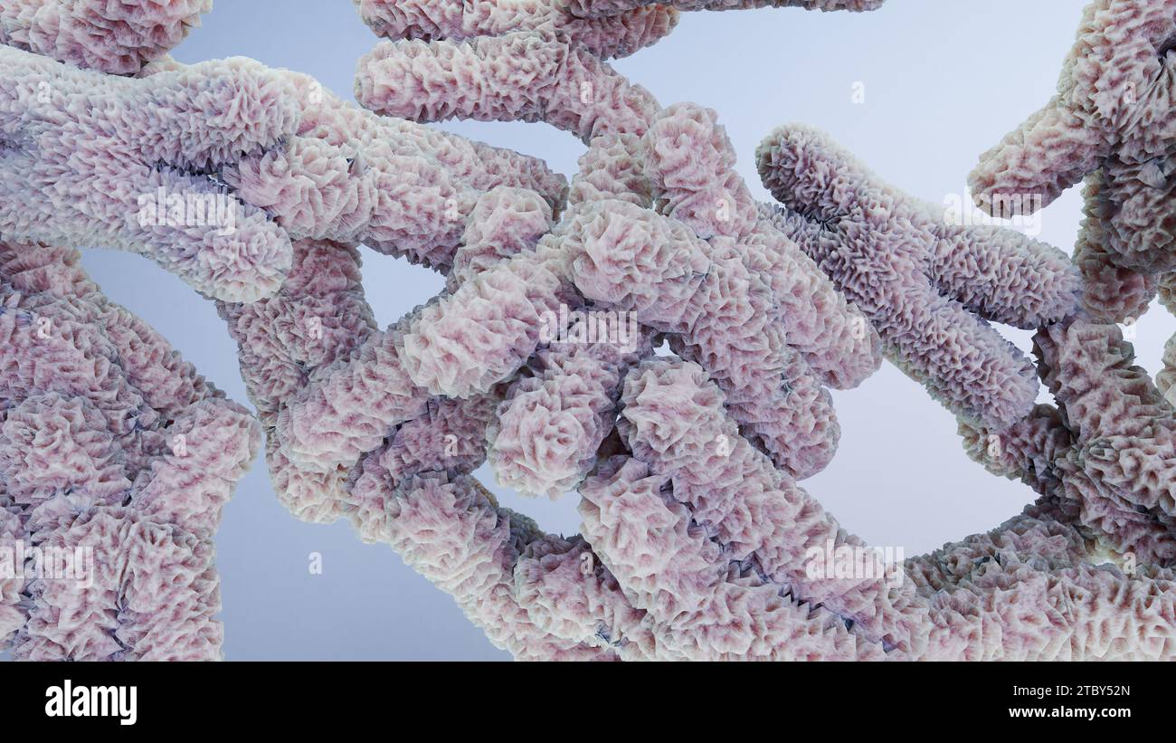 Human chromosome under microscope, genome sequence. Molecular biology, DNA molecules, floating Chromosomes with highlighted telomeres, genetic code, G Stock Photo