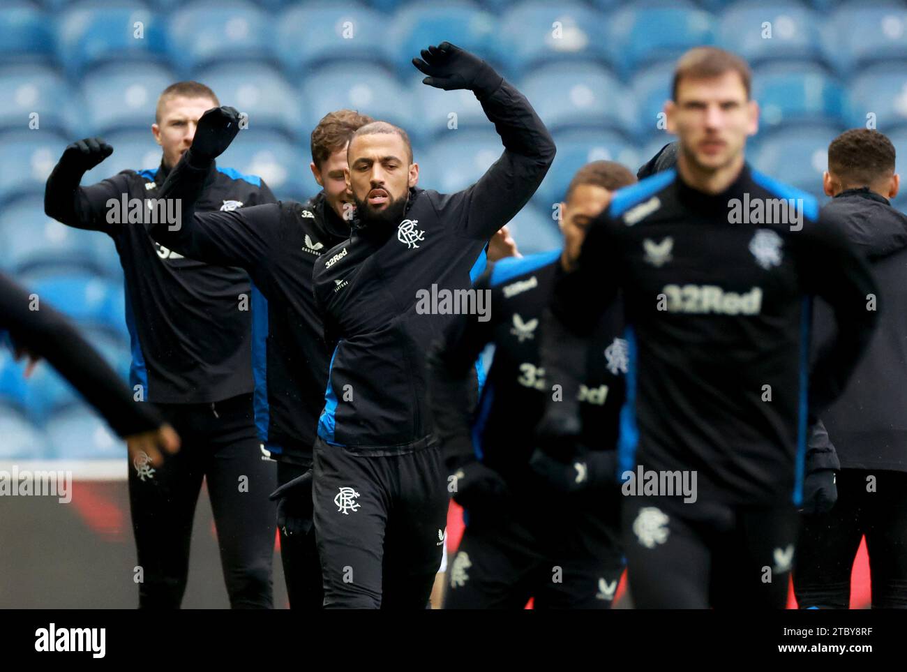 Rangers' Kemar Roofe (centre) during the warm up before the cinch ...
