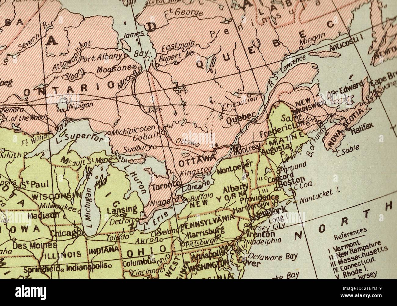 A vintage/antique political map in sepia showing Canada and the border with USA. Stock Photo