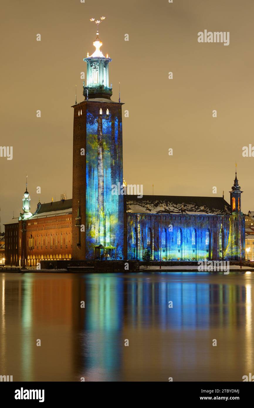 Light installation projected on Stockholm City Hall during December 2023 Stock Photo