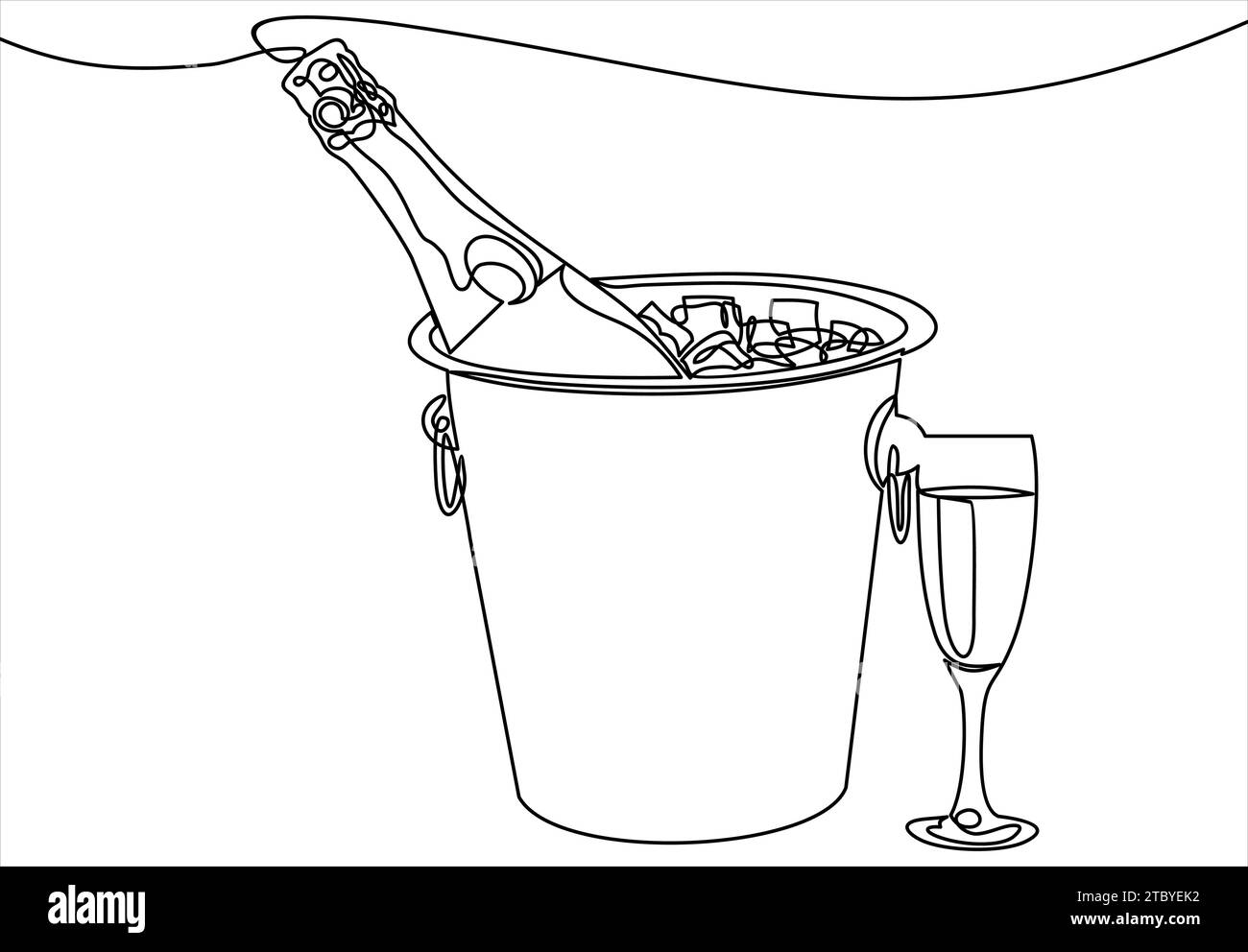 Champagne bottle in bucket with ice and glasses of champagne-continuous line drawing Stock Vector