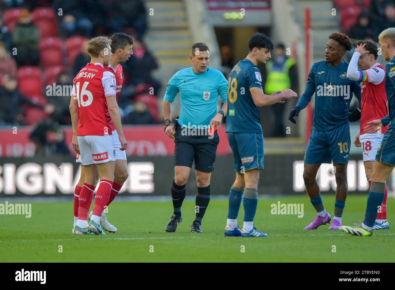 Daniel Ayala #4 of Rotherham United receives a red card during the Sky ...