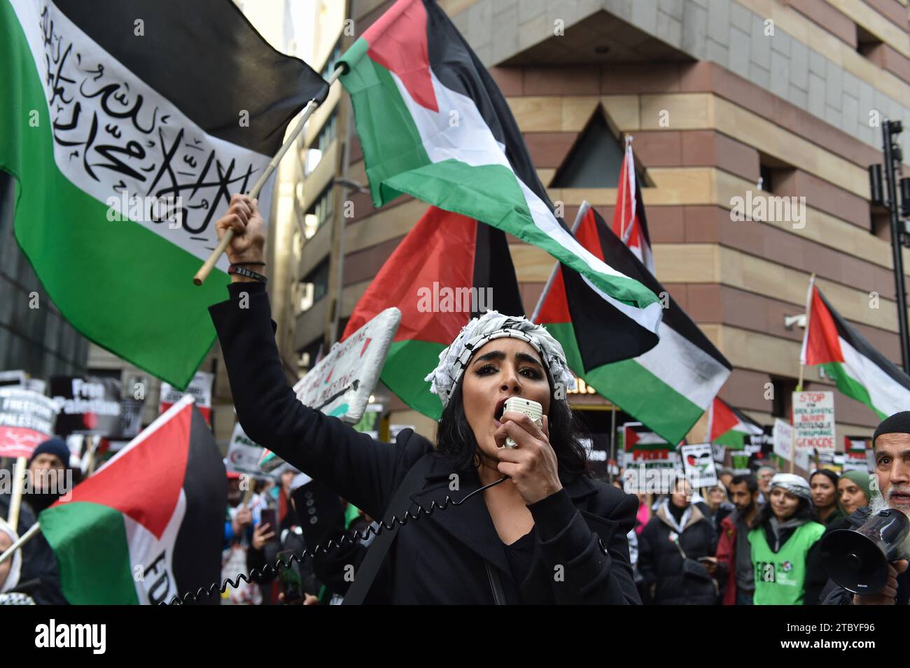London, England, UK. 9th Dec, 2023. A woman shouts pro-Palestine