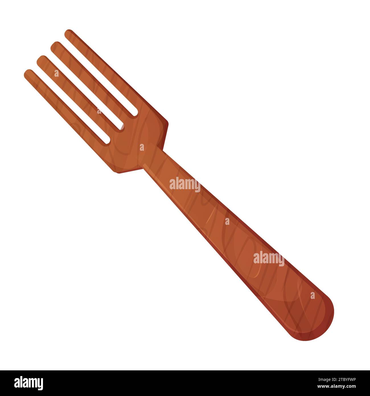 Wooden fork top view cartoon style, textured soup traditional cultery, kitchen utensil isolated on white background. . Vector illustration Stock Vector