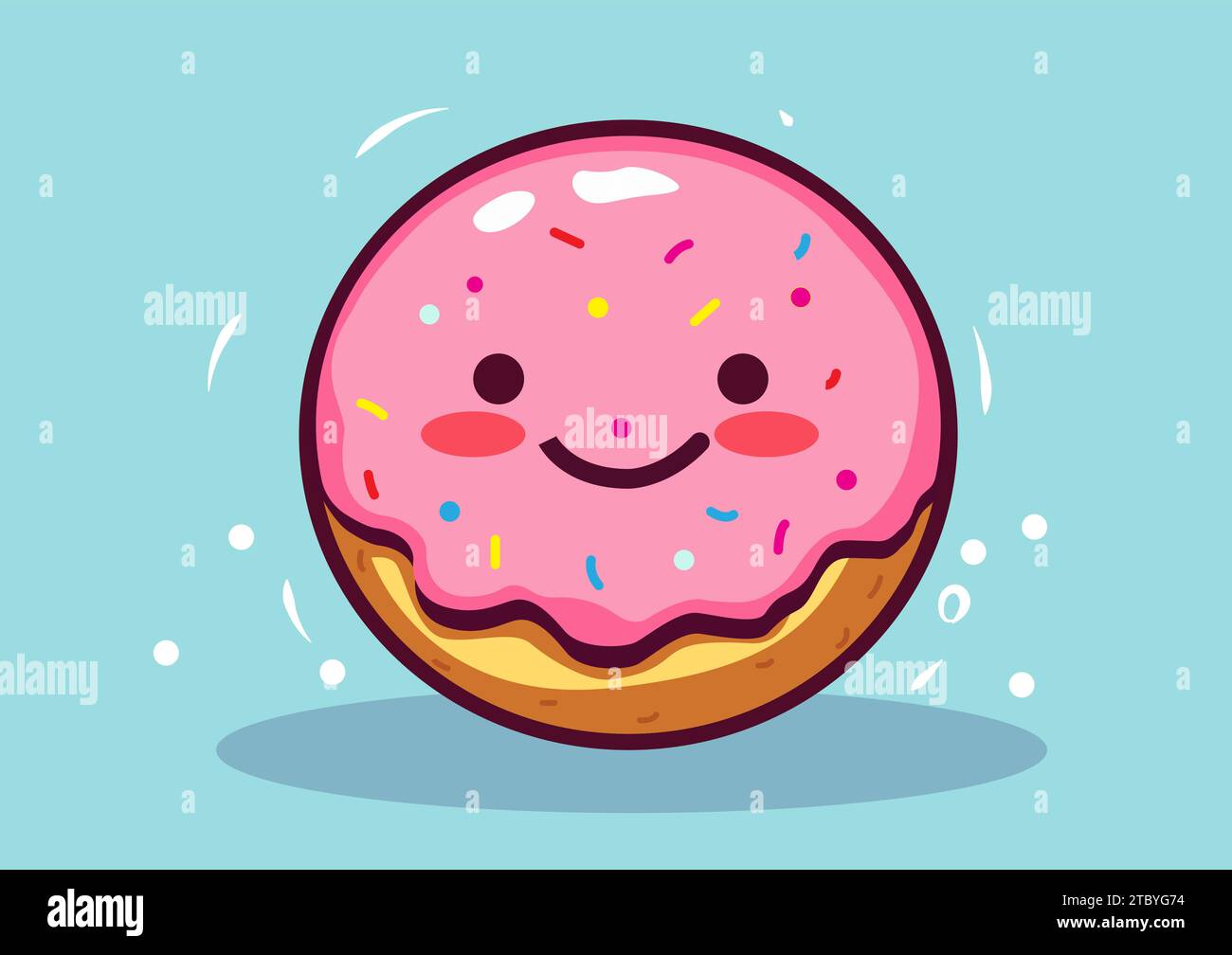 Pink donut with a bright smile decorated with multi-colored sugar flakes Vector donut art cartoon illustration used as a print template. Suitable for Stock Vector