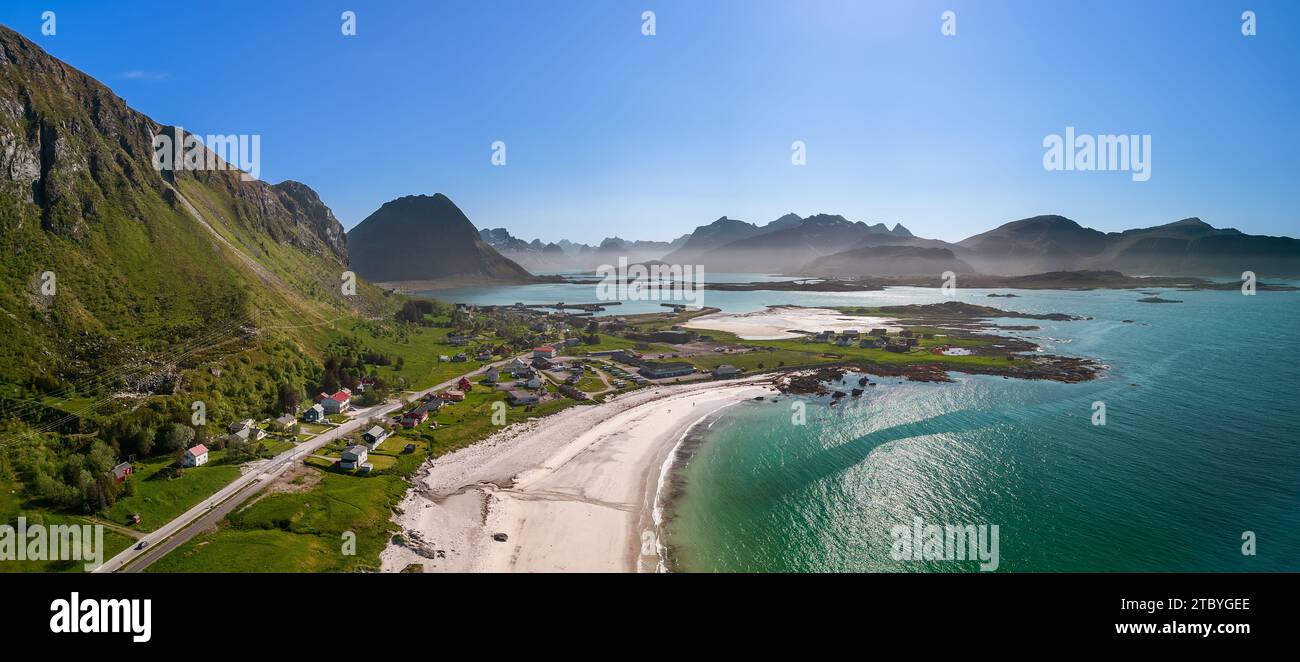 Aerial Panoramic View Of Jusnesvika Bay And Rambergstranda Beach On 