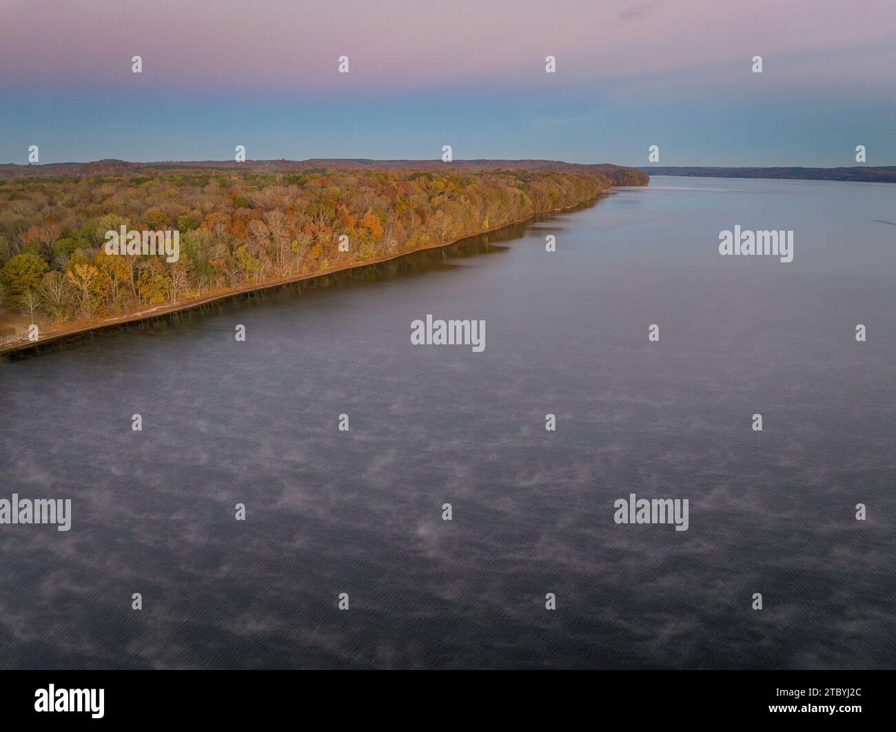 dawn over the Tennessee River near Colbert Ferry Park, Natchez Trace Parkway - late November aerial view Stock Photo