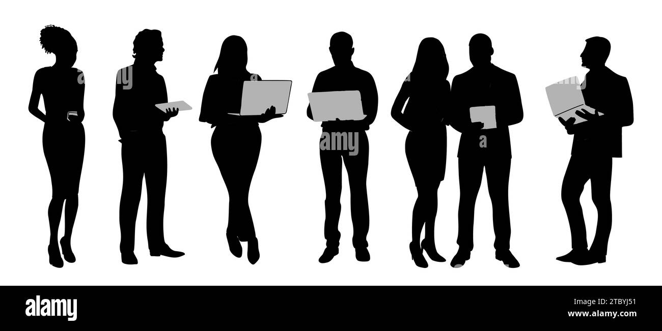 Silhouette of business people standing with laptop Stock Vector