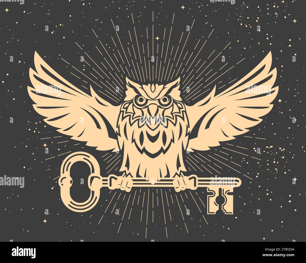 Mystic owl with key in claws, tarot wisdom and secret knowledge symbol