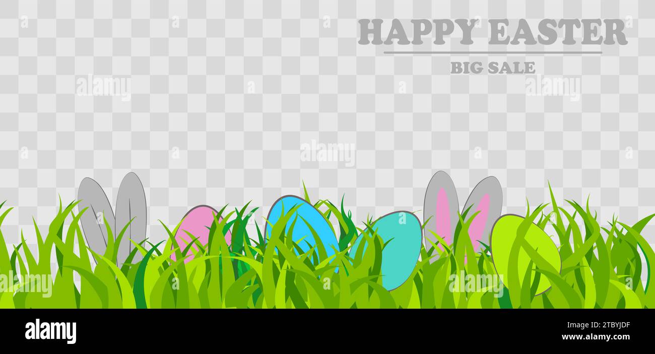Easter eggs on grass with bunny rabbit ears set. Spring holidays in April. Sunday seasonal celebration with egg hunt Stock Vector