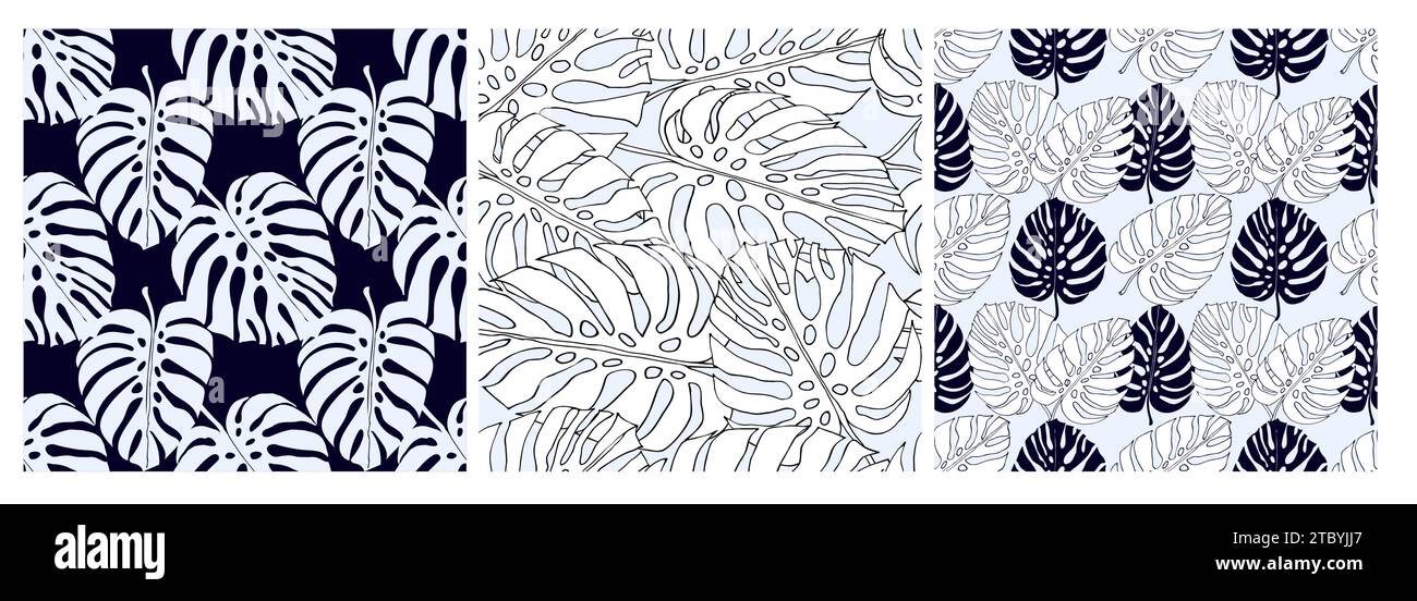 Monstera jungle leaves, floral seamless pattern set for fabric textile or wallpapers. Vector tropical jungle leaves modern background. Stock Vector