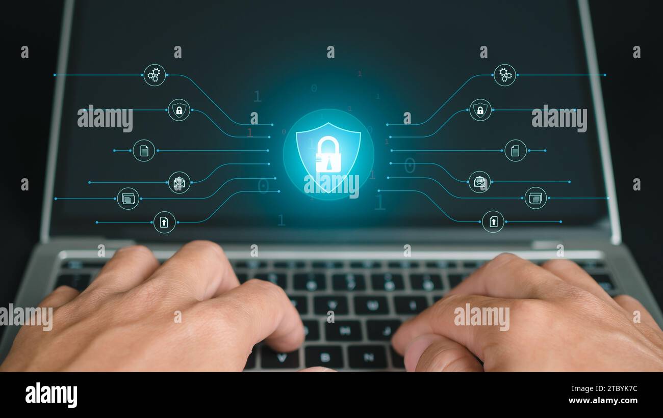Cyber security and password login concept, Hands uses computer and ...