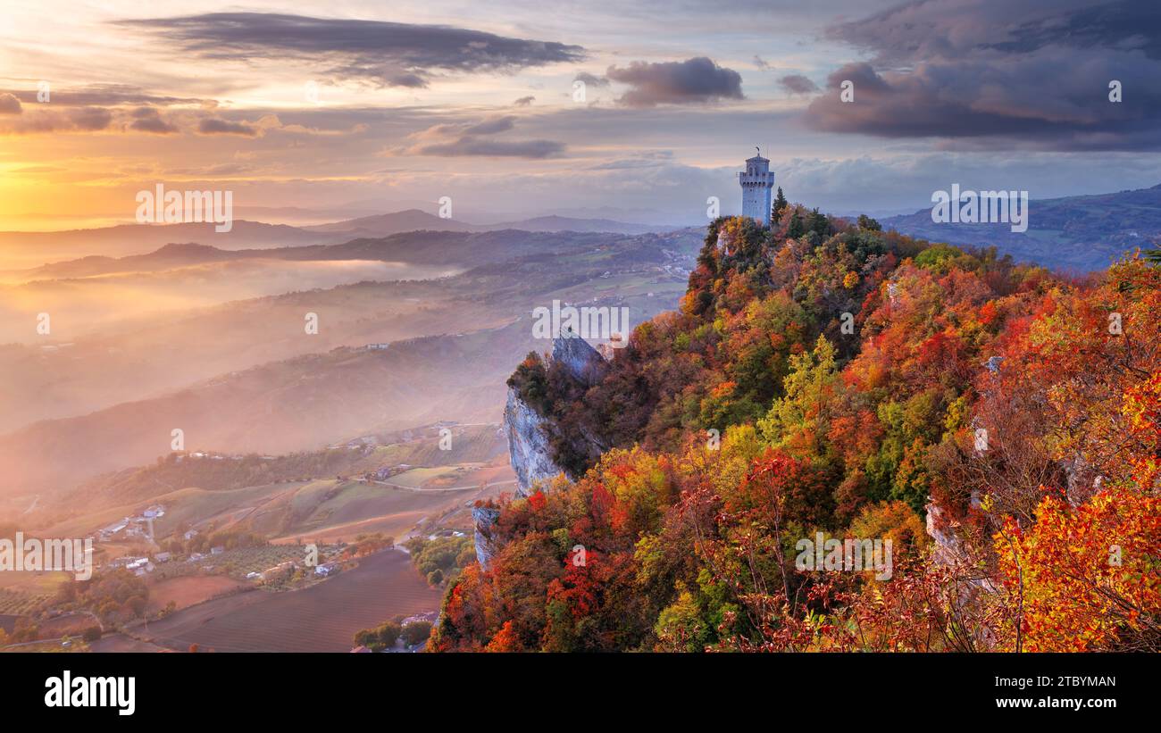 San Marino, Republic of San Marino, Italy. Aerial landscape image of San Marino, Italy at beautiful autumn sunrise. Stock Photo