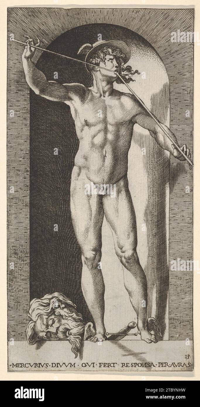 Plate 14: Mercury standing in a niche playing his pipes, with the severed head of an old man and a sword at his feet, from 'Mythological Gods and Goddesses' 1949 by Giovanni Jacopo Caraglio Stock Photo