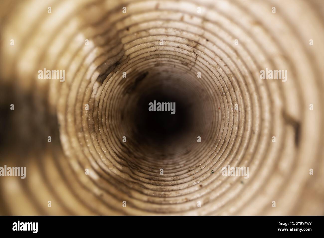 inside view of dirty corrugated drainage pipe Stock Photo