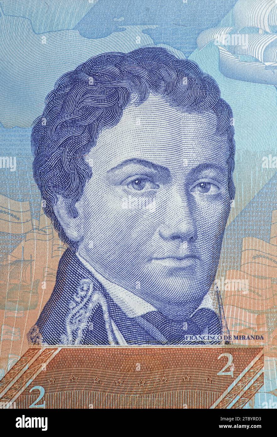 Image of Francisco de Miranda on the banknote of 2 Venezuelan bolivars. Stock Photo
