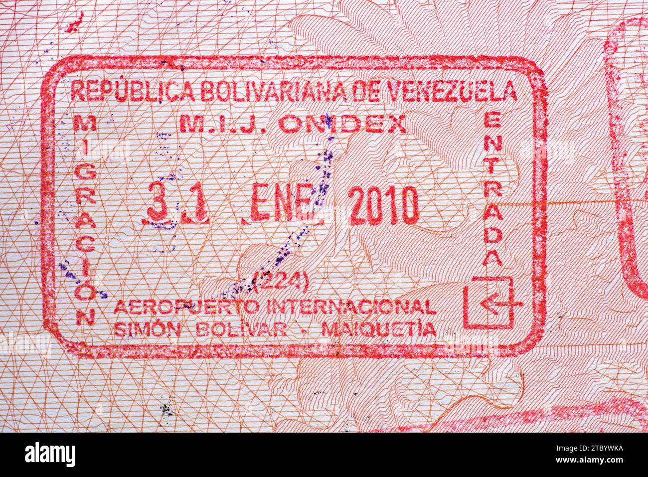 Border stamp in the passport on crossing the state border with Venezuela. Stock Photo