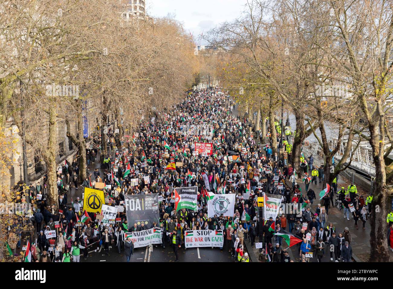 London, UK. 9th Dec, 2023. Tens of thousands of pro-Palestine protesters marched to call for a permanent ceasefire in London. Stock Photo