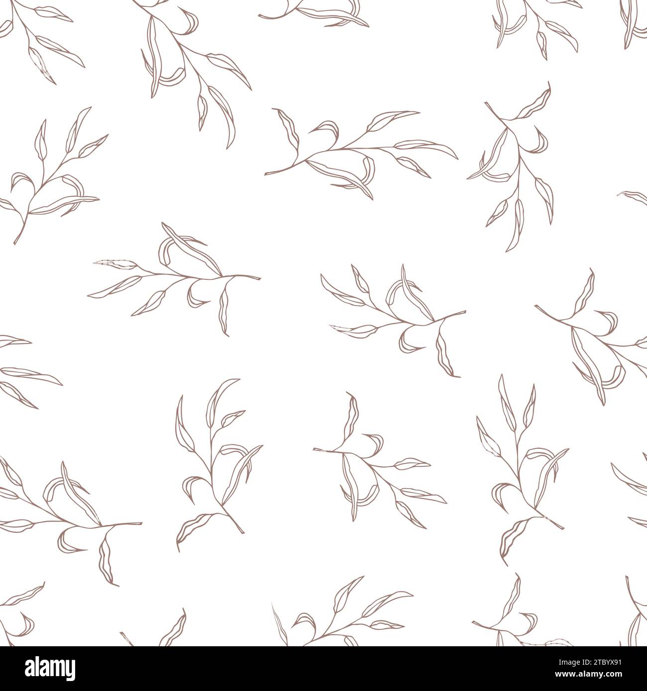 Greenery line art leaves, hand drawn simple floral seamless pattern