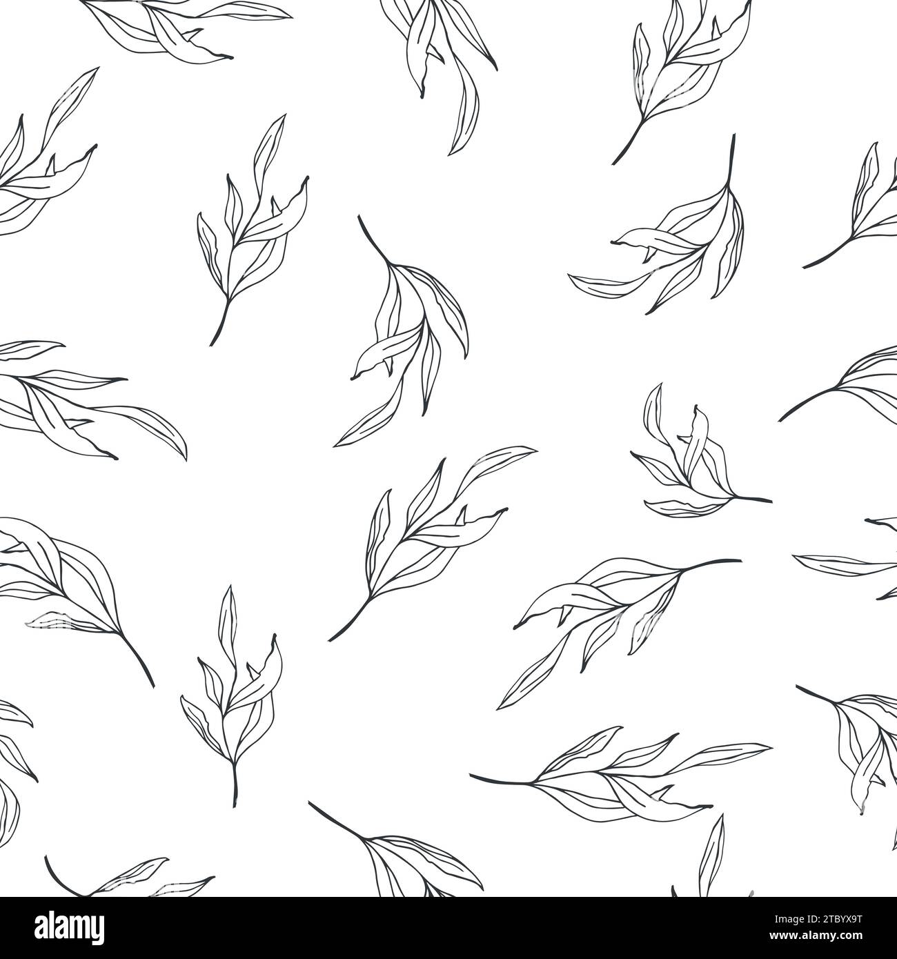 Greenery line art leaves, hand drawn simple floral seamless pattern