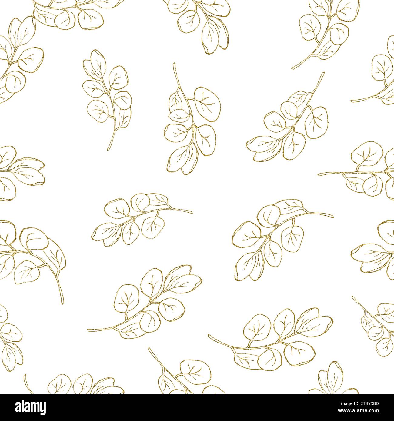 Greenery golden line art leaves, hand drawn simple floral seamless pattern, pastel color. Vector background for prints, textile fabric, wallpapers,scr Stock Vector