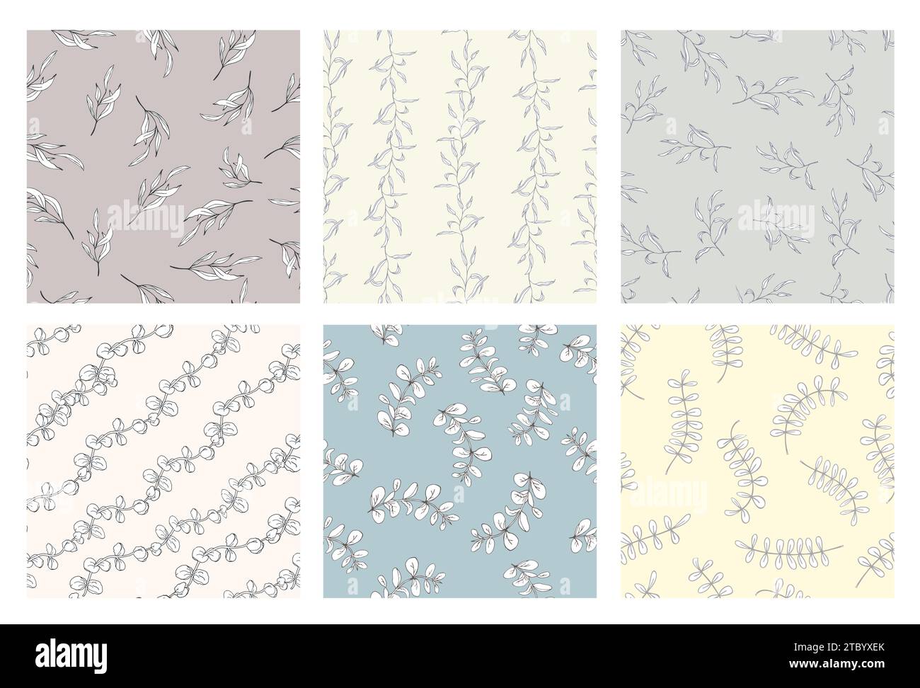 Greenery line art leaves, hand drawn simple floral seamless pattern set