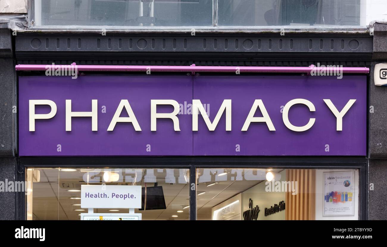 DUBLIN, Ireland August 03, 2023 Pharmacy shop sign with white