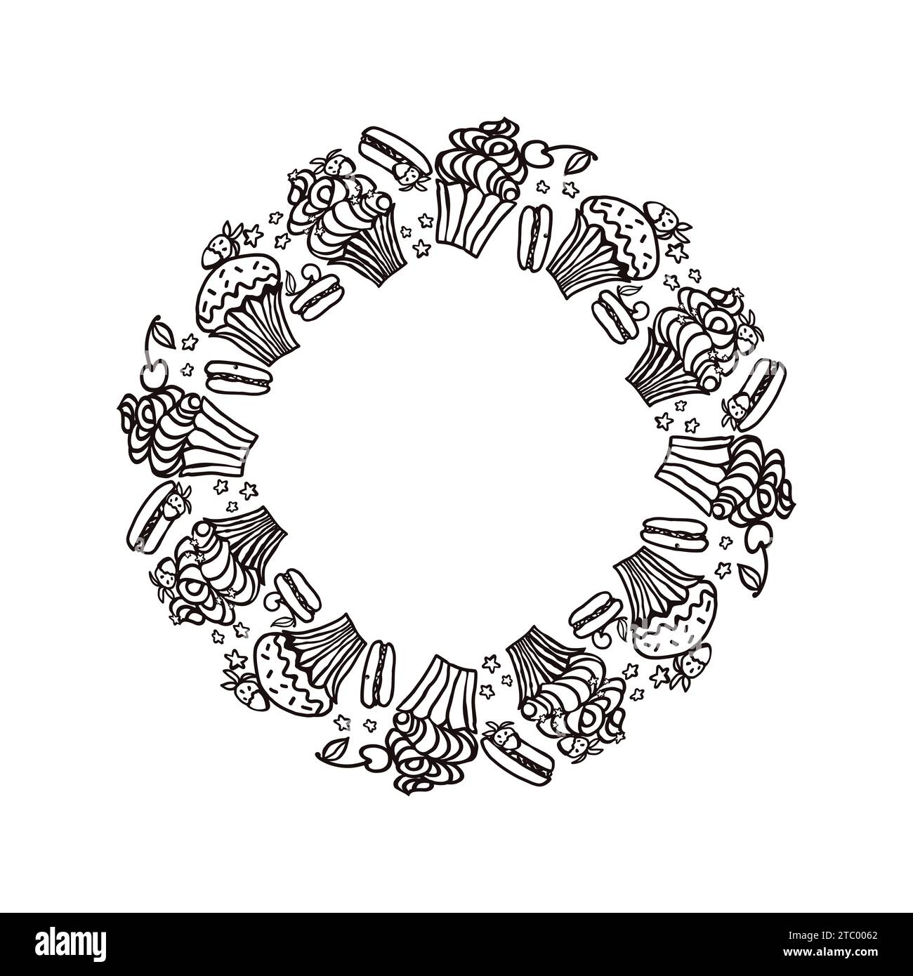 Sweet cake vector circle frame with desserts. Macaroon, muffin, pudding