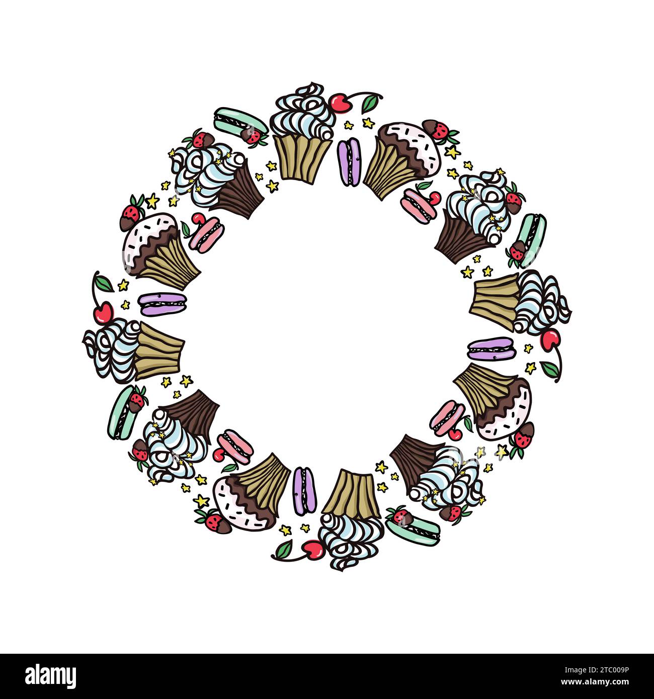 Sweet cake vector circle frame with desserts. Macaroon, muffin, pudding ...