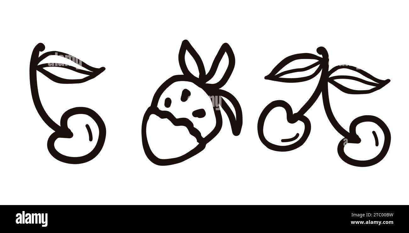 Sweet food vector sketchy illustrations collection of fruit, cherry and strawberry. Hand drawn black and white doodle vector illustration isolated on Stock Vector