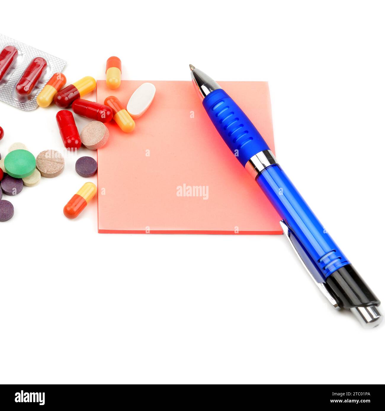 Medical preparations, pill capsules, empty prescription and ballpoint