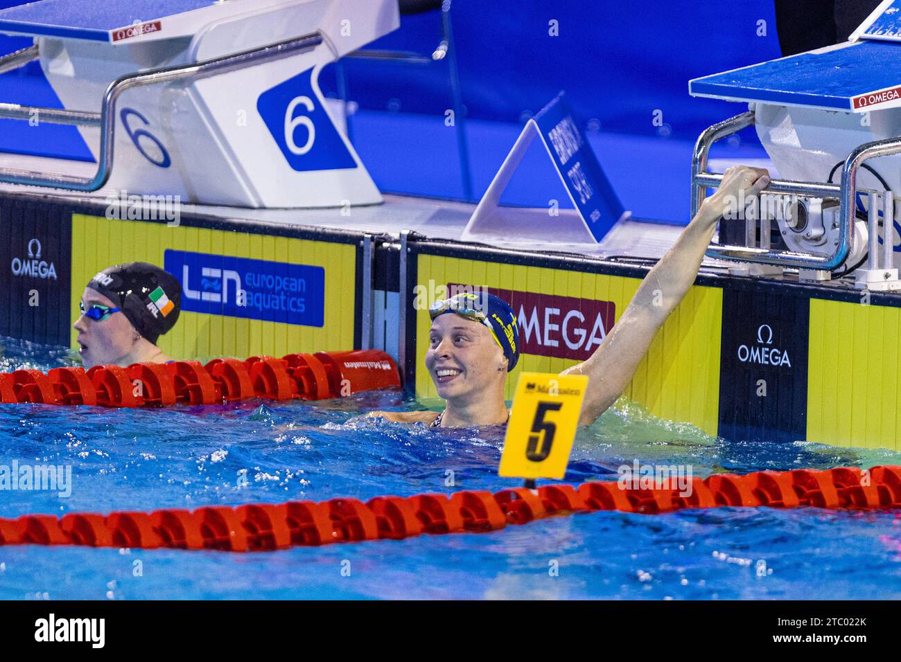 Hansson Louise of Sweden celebrating the win during Womenâ&#x80;&#x99;s 100m Butterfly Final at the LEN Short Course European Championships 2023 on December 9, 2023 in Otopeni, Romania Stock Photo