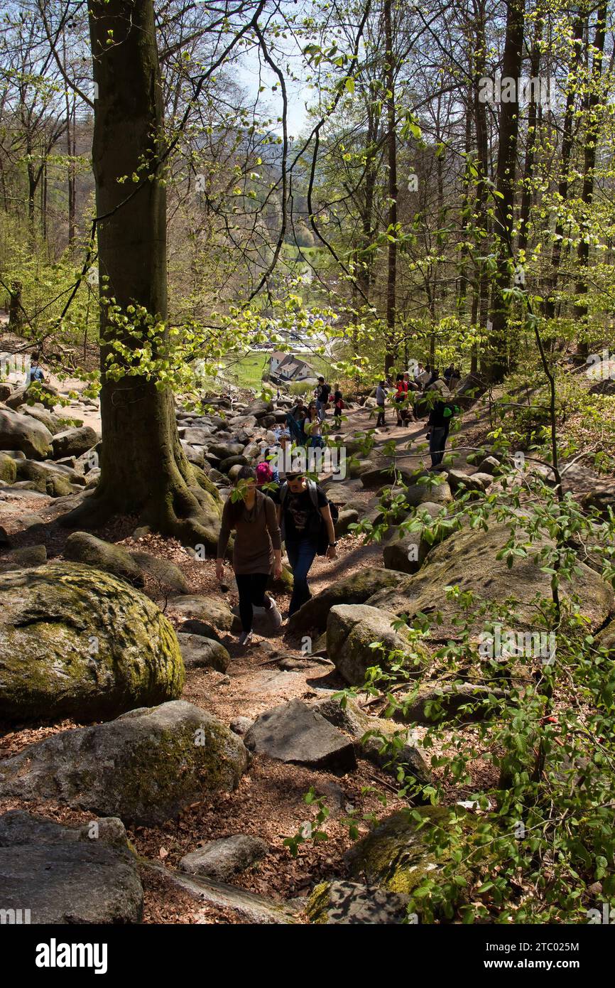 Lautertal, Germany - April 24, 2021: People walking up a hill with trees and rocks at Felsenmeer, Sea of Rocks, on a spring day in Germany. Stock Photo