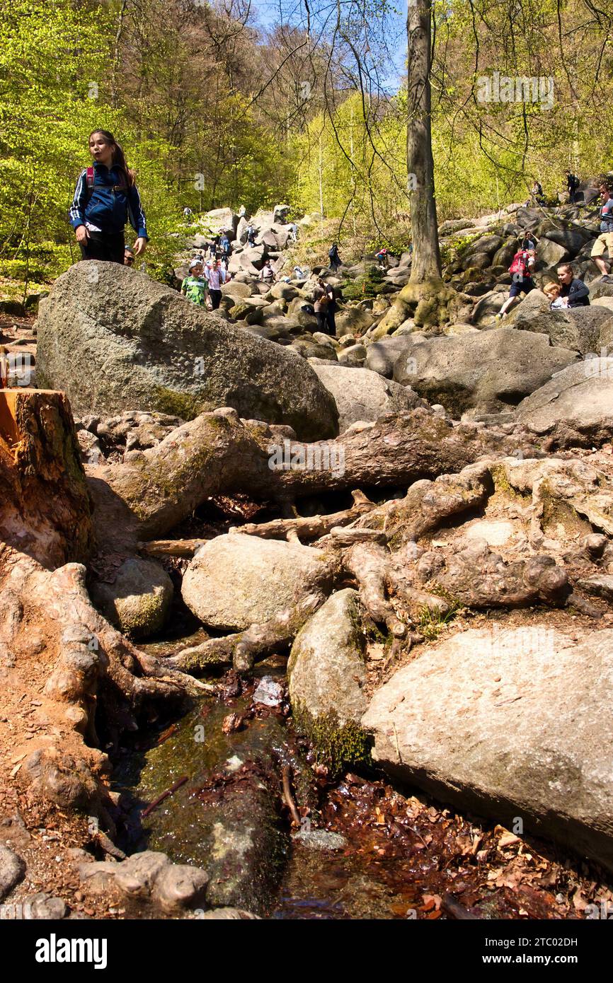 Lautertal, Germany - April 24, 2021: Rocks on a hill at Felsenmeer, Sea of Rocks, on a spring day in Germany. Stock Photo