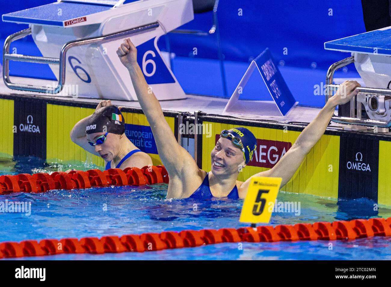 Hansson Louise of Sweden celebrating the win during Womenâ&#x80;&#x99;s 100m Butterfly Final at the LEN Short Course European Championships 2023 on December 9, 2023 in Otopeni, Romania Stock Photo